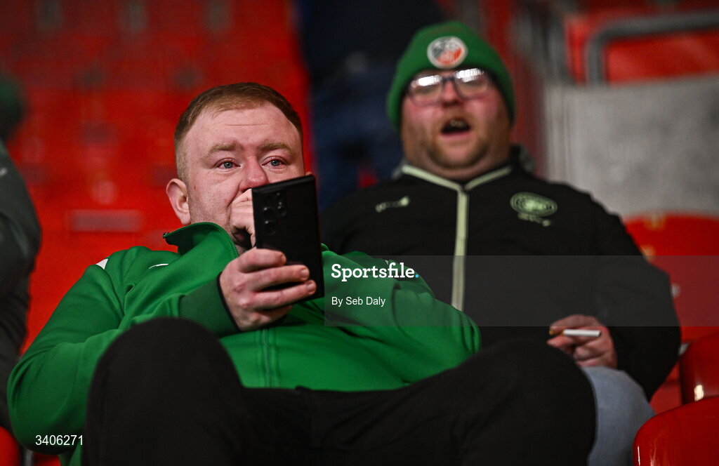 26 March 2026; Republic of Ireland supporters after the FIFA World Cup 2026 European Qualifiers play-off semi-final match between Czechia and Republic of Ireland at Fortuna Arena in Prague, Czechia. Photo by Seb Daly/Sportsfile