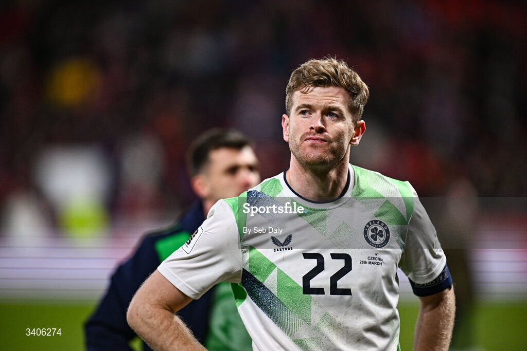 26 March 2026; Nathan Collins of Republic of Ireland after the FIFA World Cup 2026 European Qualifiers play-off semi-final match between Czechia and Republic of Ireland at Fortuna Arena in Prague, Czechia. Photo by Seb Daly/Sportsfile