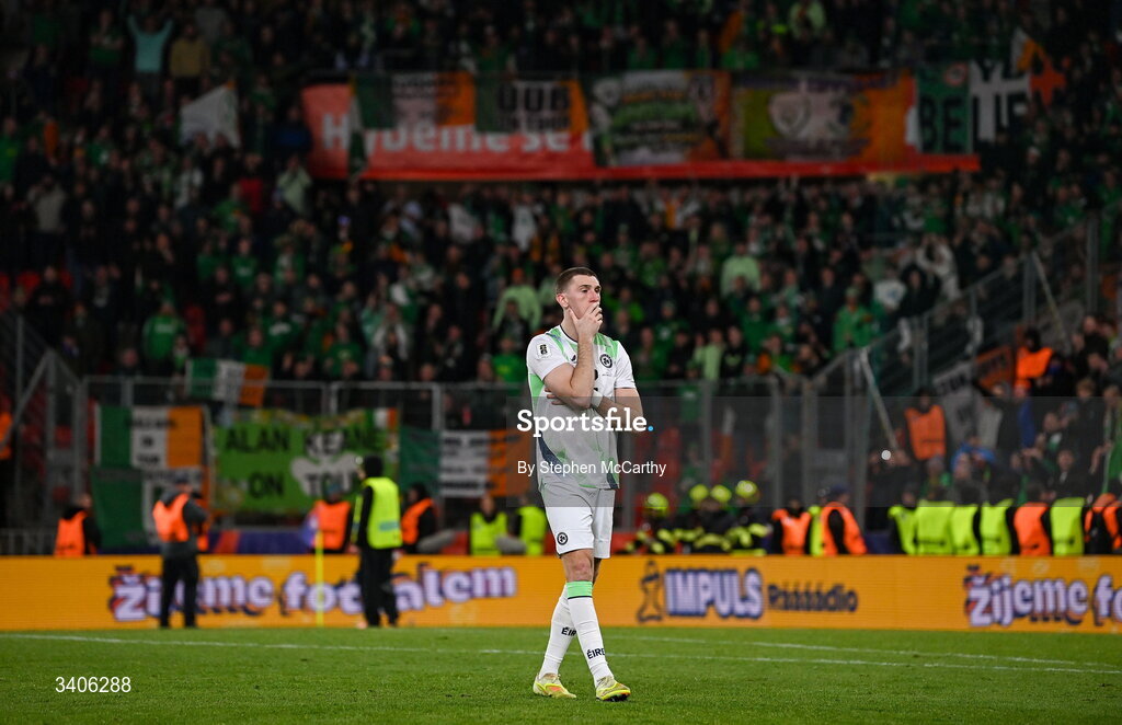 26 March 2026; Jimmy Dunne of Republic of Ireland after the FIFA World Cup 2026 European Qualifiers play-off semi-final match between Czechia and Republic of Ireland at Fortuna Arena in Prague, Czechia. Photo by Stephen McCarthy/Sportsfile