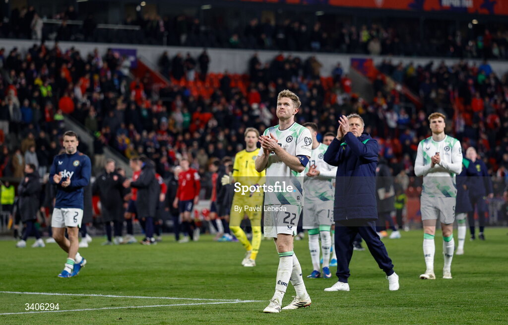26 March 2026; Nathan Collins of Republic of Ireland after the FIFA World Cup 2026 European Qualifiers play-off semi-final match between Czechia and Republic of Ireland at Fortuna Arena in Prague, Czechia. Photo by Pavel Lebeda/Sportsfile