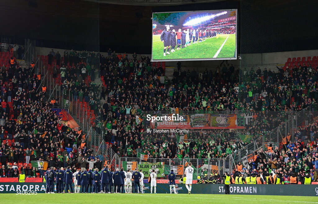 26 March 2026; Republic of Ireland supporters after the FIFA World Cup 2026 European Qualifiers play-off semi-final match between Czechia and Republic of Ireland at Fortuna Arena in Prague, Czechia. Photo by Stephen McCarthy/Sportsfile