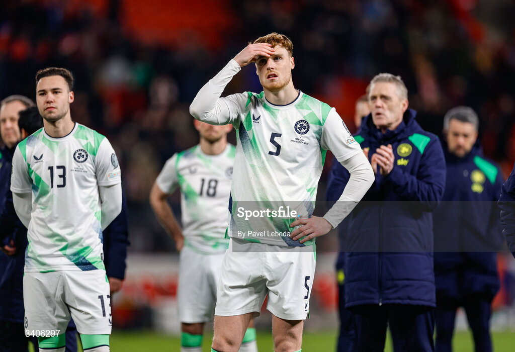 26 March 2026; Jake O'Brien of Republic of Ireland after the FIFA World Cup 2026 European Qualifiers play-off semi-final match between Czechia and Republic of Ireland at Fortuna Arena in Prague, Czechia. Photo by Pavel Lebeda/Sportsfile