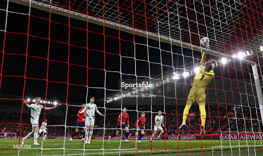 26 March 2026; Republic of Ireland goalkeeper Caoimhin Kelleher makes a save during the FIFA World Cup 2026 European Qualifiers play-off semi-final match between Czechia and Republic of Ireland at Fortuna Arena in Prague, Czechia. Photo by Stephen McCarthy/Sportsfile