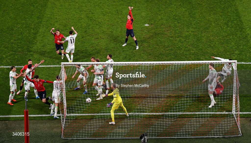 26 March 2026; Ladislav Krejcí of Czechia, second from left, scores his side's second goal during the FIFA World Cup 2026 European Qualifiers play-off semi-final match between Czechia and Republic of Ireland at Fortuna Arena in Prague, Czechia. Photo by Stephen McCarthy/Sportsfile