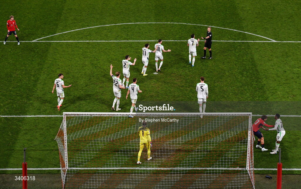 26 March 2026; Republic of Ireland players react during the FIFA World Cup 2026 European Qualifiers play-off semi-final match between Czechia and Republic of Ireland at Fortuna Arena in Prague, Czechia. Photo by Stephen McCarthy/Sportsfile