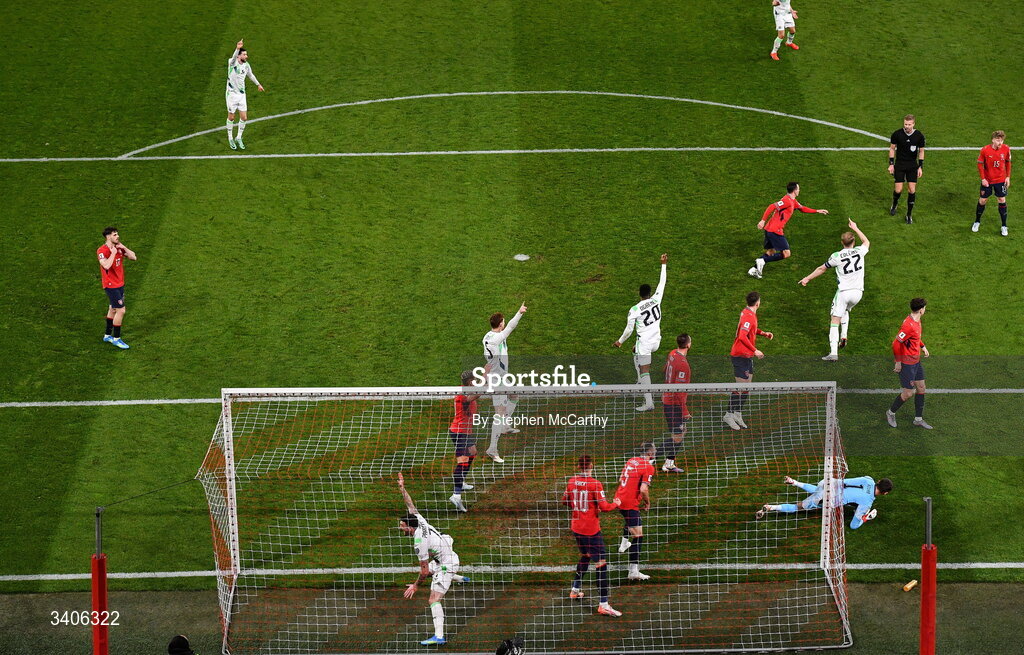 26 March 2026; Czechia goalkeeper Matej Kovár concedes an own goal during the FIFA World Cup 2026 European Qualifiers play-off semi-final match between Czechia and Republic of Ireland at Fortuna Arena in Prague, Czechia. Photo by Stephen McCarthy/Sportsfile