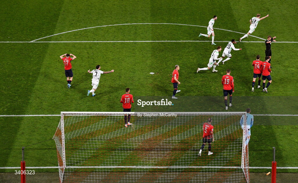26 March 2026; Republic of Ireland players celebrate scoring a second goal during the FIFA World Cup 2026 European Qualifiers play-off semi-final match between Czechia and Republic of Ireland at Fortuna Arena in Prague, Czechia. Photo by Stephen McCarthy/Sportsfile