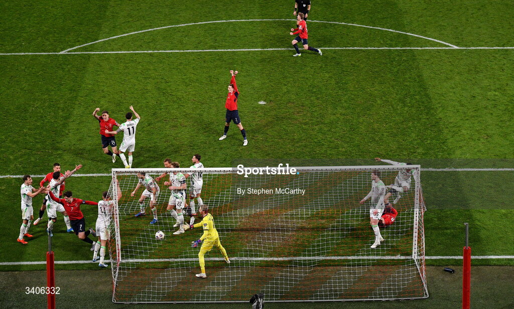 26 March 2026; Ladislav Krejcí of Czechia, second from left, scores his side's second goal during the FIFA World Cup 2026 European Qualifiers play-off semi-final match between Czechia and Republic of Ireland at Fortuna Arena in Prague, Czechia. Photo by Stephen McCarthy/Sportsfile