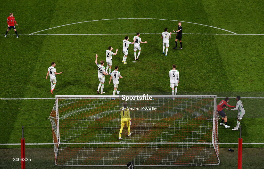26 March 2026; Republic of Ireland players react after conceding a second goal during the FIFA World Cup 2026 European Qualifiers play-off semi-final match between Czechia and Republic of Ireland at Fortuna Arena in Prague, Czechia. Photo by Stephen McCarthy/Sportsfile