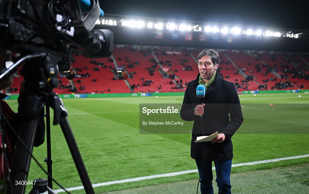 26 March 2026; RTÉ's Paul O'Flynn before the FIFA World Cup 2026 European Qualifiers play-off semi-final match between Czechia and Republic of Ireland at Fortuna Arena in Prague, Czechia. Photo by Stephen McCarthy/Sportsfile