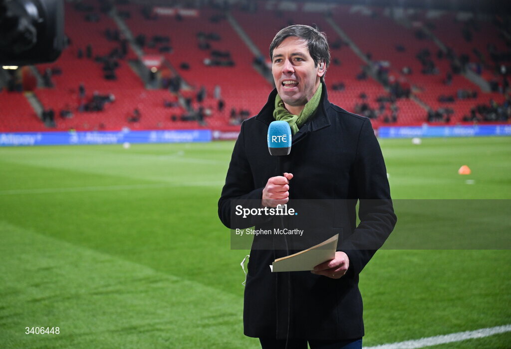 26 March 2026; RTÉ's Paul O'Flynn before the FIFA World Cup 2026 European Qualifiers play-off semi-final match between Czechia and Republic of Ireland at Fortuna Arena in Prague, Czechia. Photo by Stephen McCarthy/Sportsfile