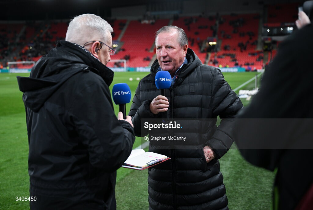 26 March 2026; RTÉ pundit and former Republic of Ireland international Ronnie Whelan and reporter Tony O'Donoghue before the FIFA World Cup 2026 European Qualifiers play-off semi-final match between Czechia and Republic of Ireland at Fortuna Arena in Prague, Czechia. Photo by Stephen McCarthy/Sportsfile