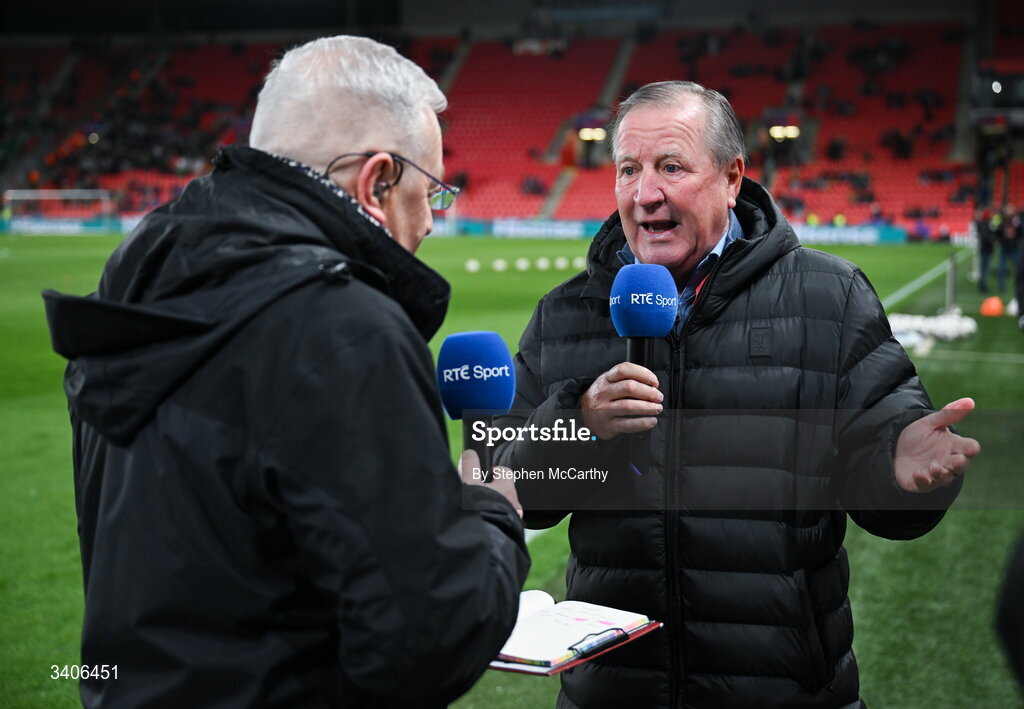 26 March 2026; RTÉ pundit and former Republic of Ireland international Ronnie Whelan and reporter Tony O'Donoghue before the FIFA World Cup 2026 European Qualifiers play-off semi-final match between Czechia and Republic of Ireland at Fortuna Arena in Prague, Czechia. Photo by Stephen McCarthy/Sportsfile