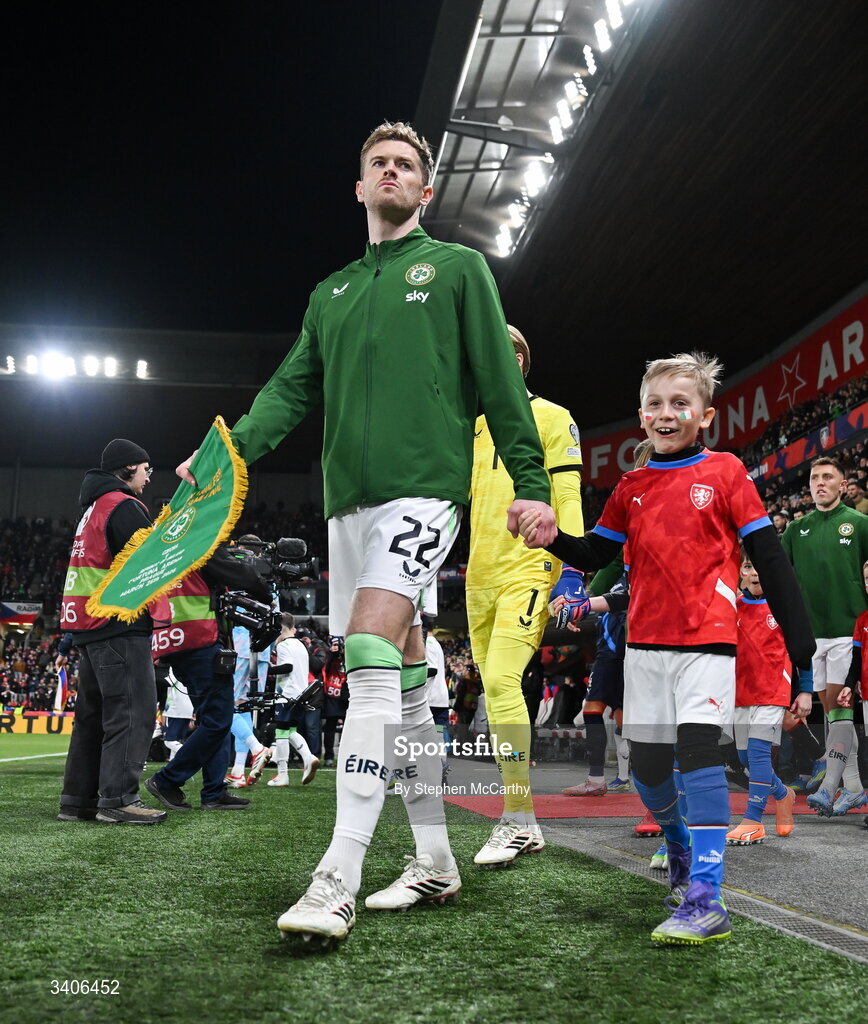 26 March 2026; Nathan Collins of Republic of Ireland before the FIFA World Cup 2026 European Qualifiers play-off semi-final match between Czechia and Republic of Ireland at Fortuna Arena in Prague, Czechia. Photo by Stephen McCarthy/Sportsfile