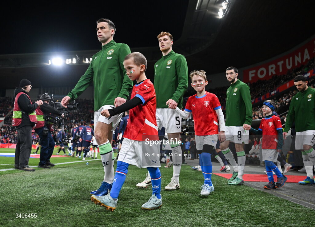 26 March 2026; Seamus Coleman of Republic of Ireland before the FIFA World Cup 2026 European Qualifiers play-off semi-final match between Czechia and Republic of Ireland at Fortuna Arena in Prague, Czechia. Photo by Stephen McCarthy/Sportsfile