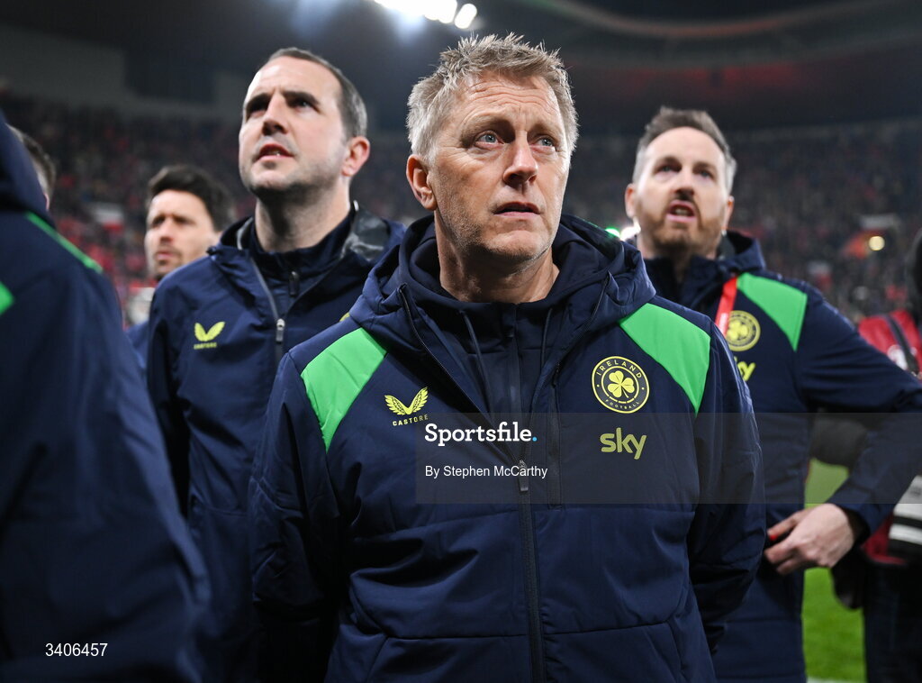 26 March 2026; Republic of Ireland head coach Heimir Hallgrimsson stands for the playing of the National Anthem before the FIFA World Cup 2026 European Qualifiers play-off semi-final match between Czechia and Republic of Ireland at Fortuna Arena in Prague, Czechia. Photo by Stephen McCarthy/Sportsfile