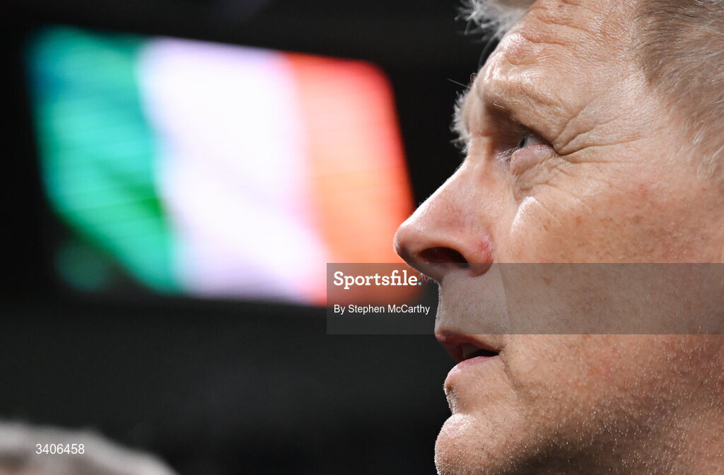 26 March 2026; Republic of Ireland head coach Heimir Hallgrimsson stands for the playing of the National Anthem before the FIFA World Cup 2026 European Qualifiers play-off semi-final match between Czechia and Republic of Ireland at Fortuna Arena in Prague, Czechia. Photo by Stephen McCarthy/Sportsfile