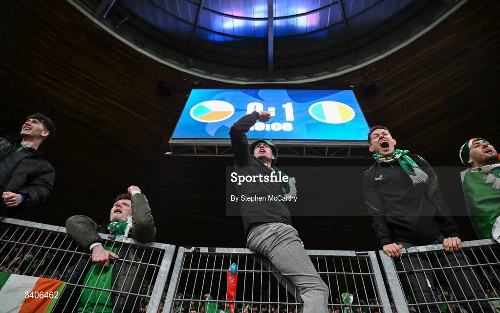 26 March 2026; Republic of Ireland supporters celebrates their opening goal, scored by Troy Parrott, during the FIFA World Cup 2026 European Qualifiers play-off semi-final match between Czechia and Republic of Ireland at Fortuna Arena in Prague, Czechia. Photo by Stephen McCarthy/Sportsfile