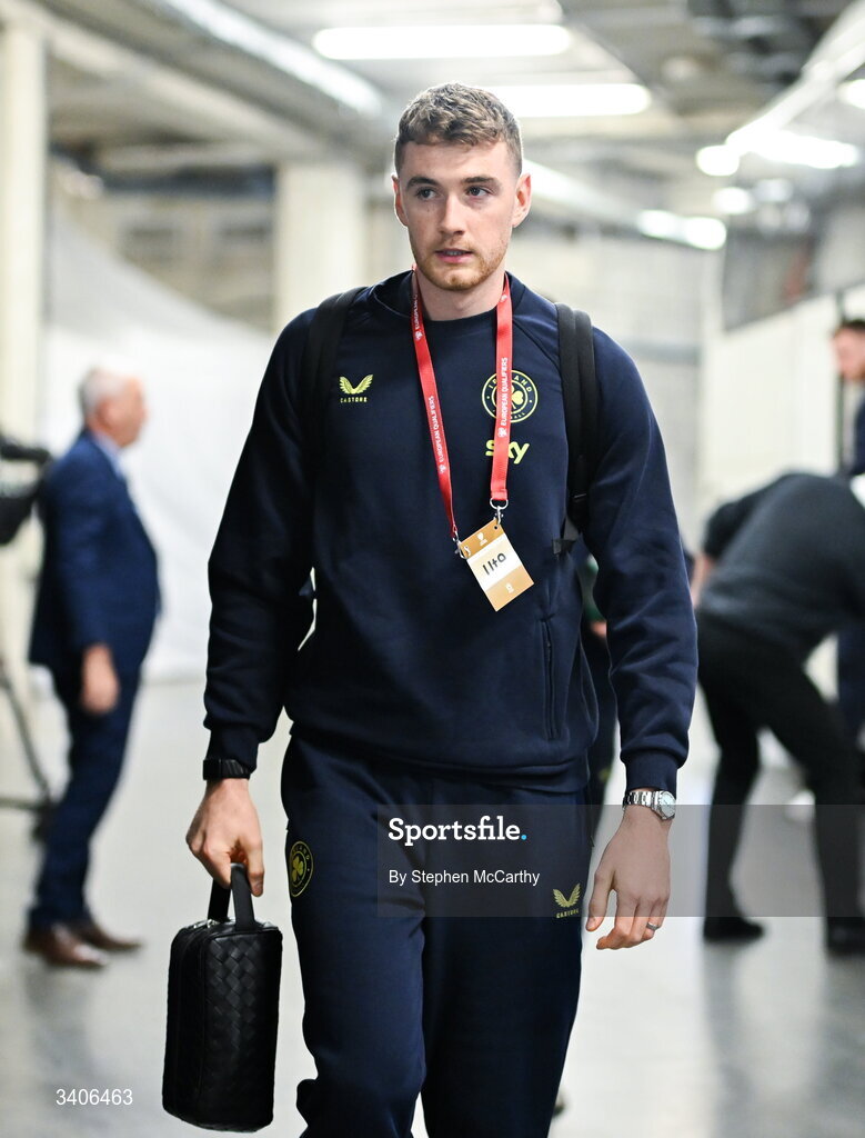 26 March 2026; Republic of Ireland goalkeeper Mark Travers arrives for the FIFA World Cup 2026 European Qualifiers play-off semi-final match between Czechia and Republic of Ireland at Fortuna Arena in Prague, Czechia. Photo by Stephen McCarthy/Sportsfile