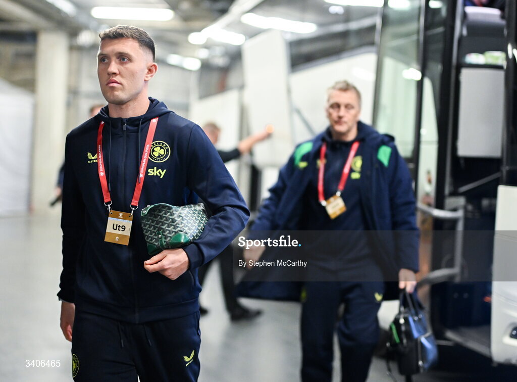 26 March 2026; Dara O'Shea of Republic of Ireland arrives for the FIFA World Cup 2026 European Qualifiers play-off semi-final match between Czechia and Republic of Ireland at Fortuna Arena in Prague, Czechia. Photo by Stephen McCarthy/Sportsfile