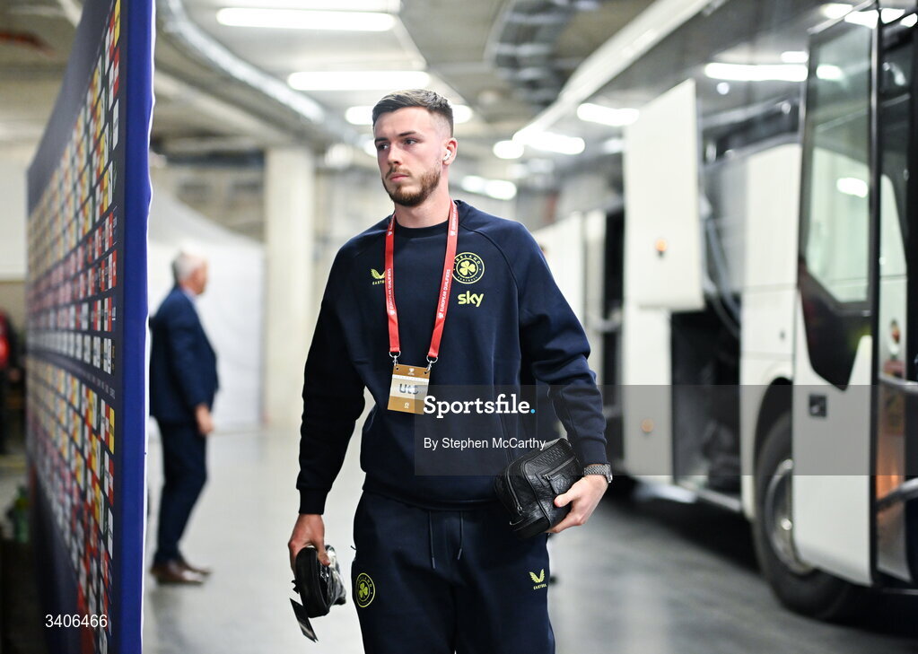26 March 2026; Republic of Ireland goalkeeper Josh Keeley arrives for the FIFA World Cup 2026 European Qualifiers play-off semi-final match between Czechia and Republic of Ireland at Fortuna Arena in Prague, Czechia. Photo by Stephen McCarthy/Sportsfile