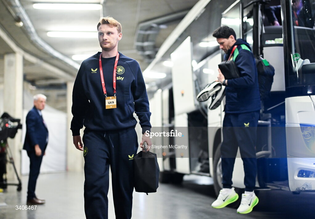 26 March 2026; Liam Scales of Republic of Ireland arrives for the FIFA World Cup 2026 European Qualifiers play-off semi-final match between Czechia and Republic of Ireland at Fortuna Arena in Prague, Czechia. Photo by Stephen McCarthy/Sportsfile