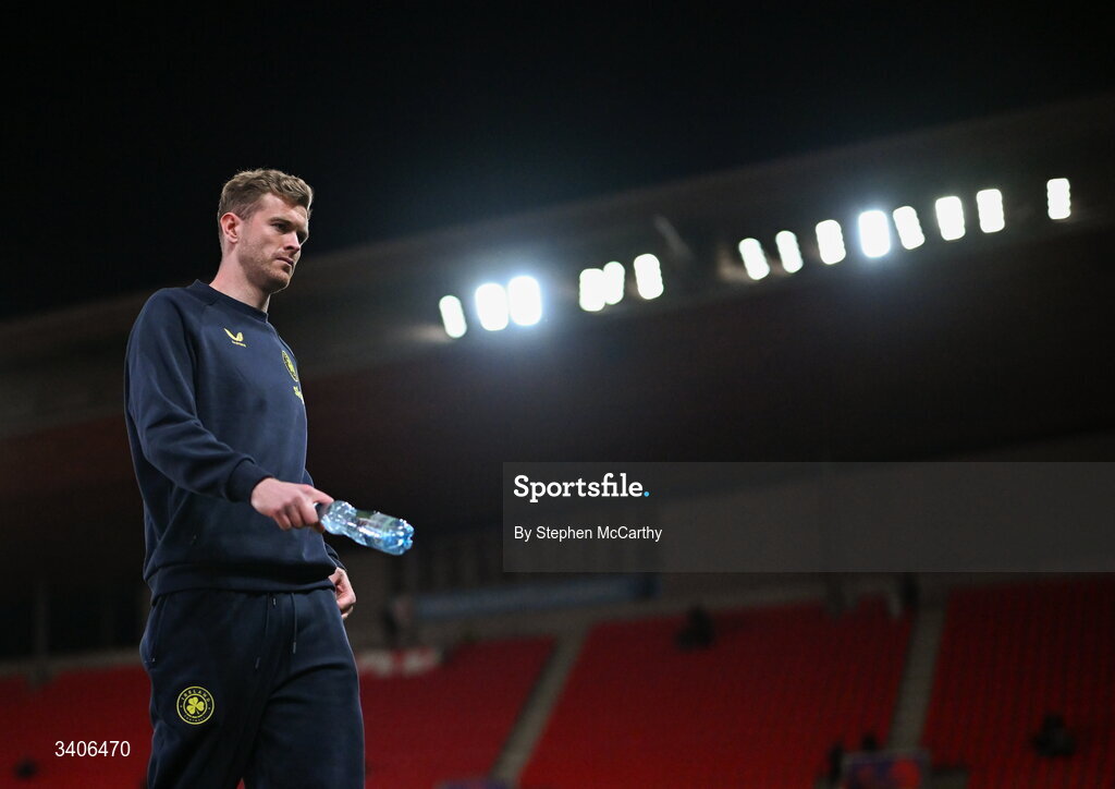 26 March 2026; Nathan Collins of Republic of Ireland before the FIFA World Cup 2026 European Qualifiers play-off semi-final match between Czechia and Republic of Ireland at Fortuna Arena in Prague, Czechia. Photo by Stephen McCarthy/Sportsfile