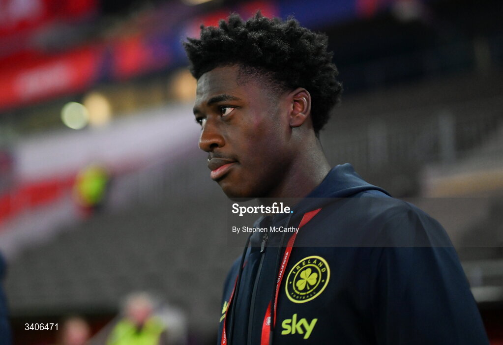 26 March 2026; James Abankwah of Republic of Ireland before the FIFA World Cup 2026 European Qualifiers play-off semi-final match between Czechia and Republic of Ireland at Fortuna Arena in Prague, Czechia. Photo by Stephen McCarthy/Sportsfile