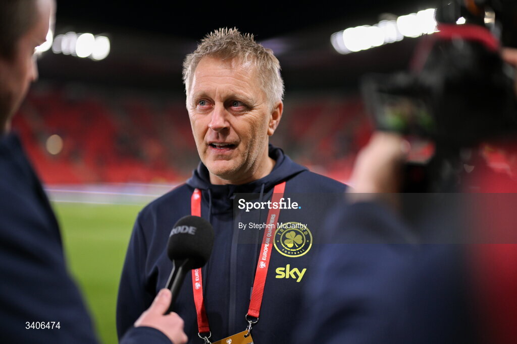 26 March 2026; Republic of Ireland head coach Heimir Hallgrimsson speaks to FAI TV before the FIFA World Cup 2026 European Qualifiers play-off semi-final match between Czechia and Republic of Ireland at Fortuna Arena in Prague, Czechia. Photo by Stephen McCarthy/Sportsfile