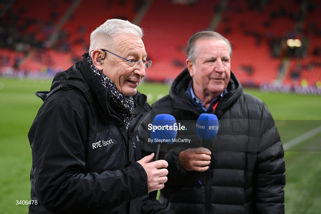 26 March 2026; RTÉ pundit and former Republic of Ireland international Ronnie Whelan and reporter Tony O'Donogue before the FIFA World Cup 2026 European Qualifiers play-off semi-final match between Czechia and Republic of Ireland at Fortuna Arena in Prague, Czechia. Photo by Stephen McCarthy/Sportsfile