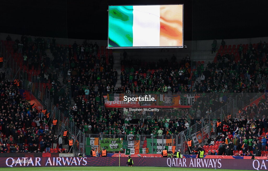 26 March 2026; Republic of Ireland supporters before the FIFA World Cup 2026 European Qualifiers play-off semi-final match between Czechia and Republic of Ireland at Fortuna Arena in Prague, Czechia. Photo by Stephen McCarthy/Sportsfile