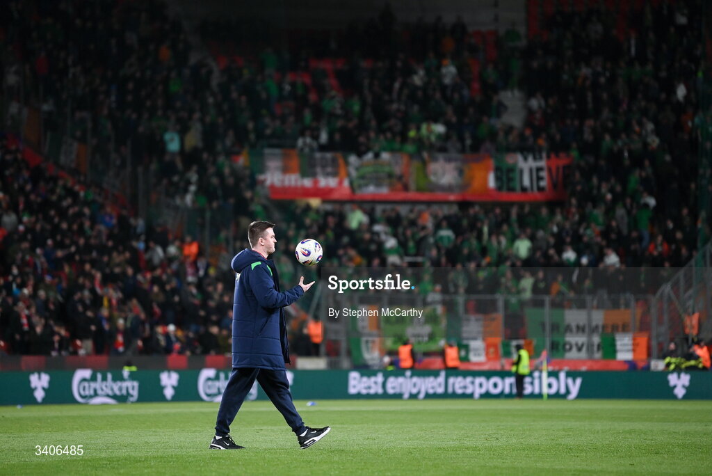 26 March 2026; FAI communications manager Kieran Crowley before the FIFA World Cup 2026 European Qualifiers play-off semi-final match between Czechia and Republic of Ireland at Fortuna Arena in Prague, Czechia. Photo by Stephen McCarthy/Sportsfile