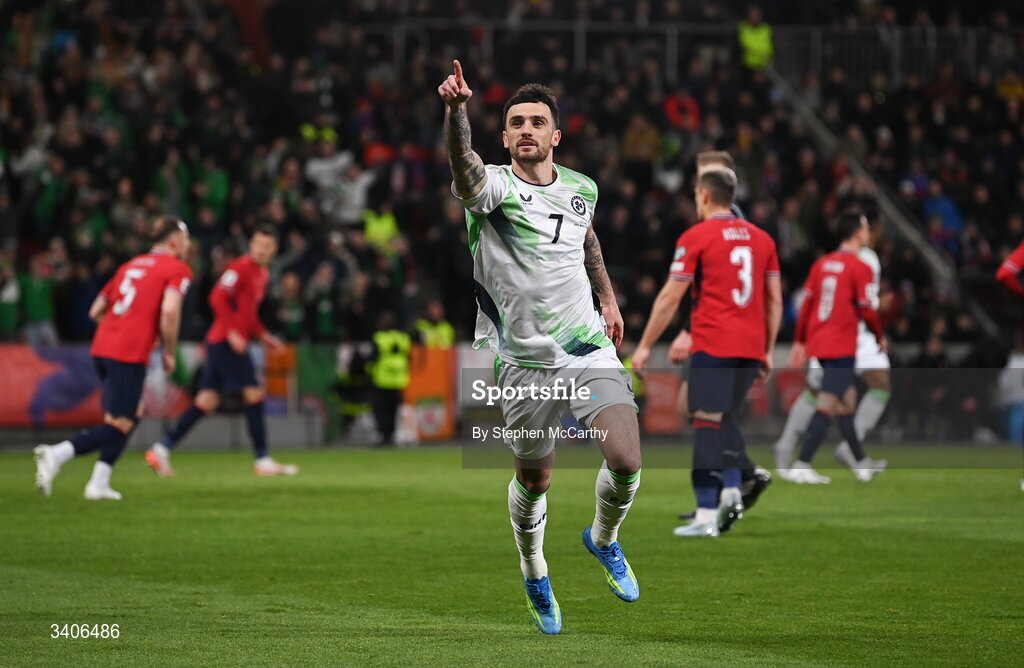 26 March 2026; Troy Parrott of Republic of Ireland celebrates after scoring his side's opening goal, from a penalty, during the FIFA World Cup 2026 European Qualifiers play-off semi-final match between Czechia and Republic of Ireland at Fortuna Arena in Prague, Czechia. Photo by Stephen McCarthy/Sportsfile