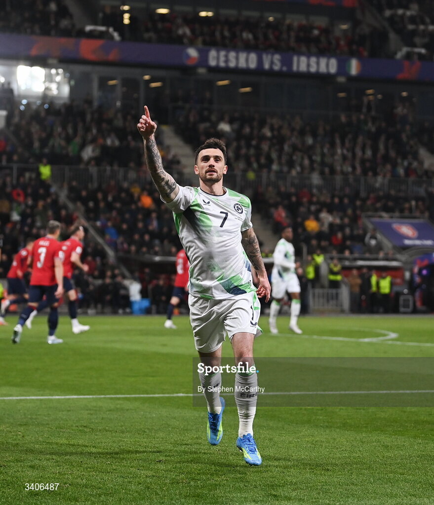 26 March 2026; Troy Parrott of Republic of Ireland celebrates after scoring his side's opening goal, from a penalty, during the FIFA World Cup 2026 European Qualifiers play-off semi-final match between Czechia and Republic of Ireland at Fortuna Arena in Prague, Czechia. Photo by Stephen McCarthy/Sportsfile