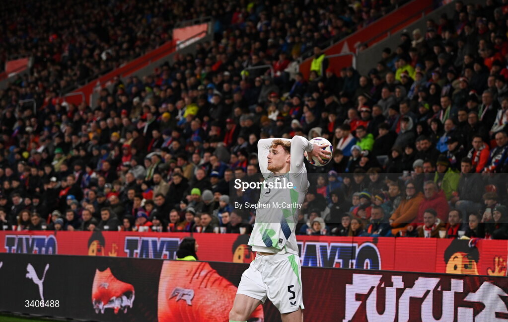 26 March 2026; Jake O'Brien of Republic of Ireland takes a throw-in during the FIFA World Cup 2026 European Qualifiers play-off semi-final match between Czechia and Republic of Ireland at Fortuna Arena in Prague, Czechia. Photo by Stephen McCarthy/Sportsfile