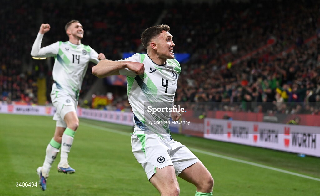 26 March 2026; Dara O'Shea and Jack Taylor, left, of Republic of Ireland celebrates his side's second goal during the FIFA World Cup 2026 European Qualifiers play-off semi-final match between Czechia and Republic of Ireland at Fortuna Arena in Prague, Czechia. Photo by Stephen McCarthy/Sportsfile