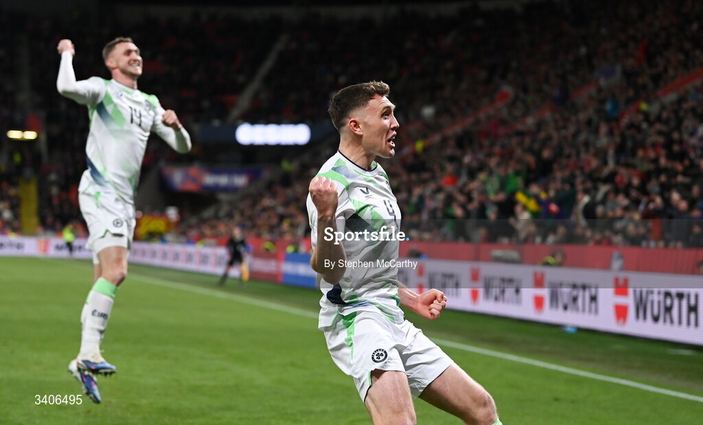 26 March 2026; Dara O'Shea and Jack Taylor, left, of Republic of Ireland celebrates his side's second goal during the FIFA World Cup 2026 European Qualifiers play-off semi-final match between Czechia and Republic of Ireland at Fortuna Arena in Prague, Czechia. Photo by Stephen McCarthy/Sportsfile