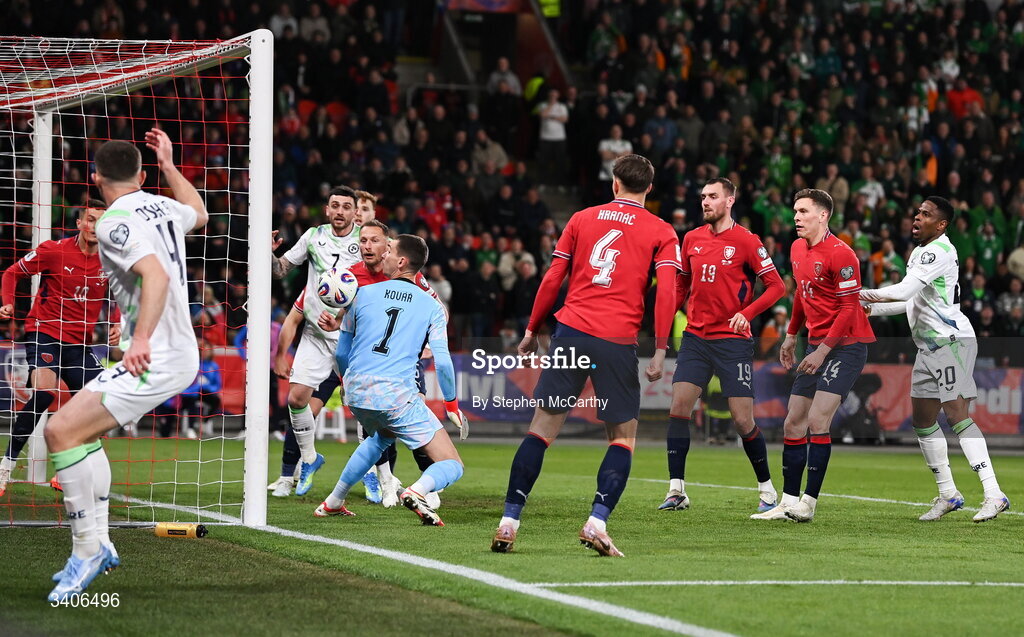26 March 2026; The ball comes off Czechia goalkeeper Matej Kovár for Republic of Ireland's second goal during the FIFA World Cup 2026 European Qualifiers play-off semi-final match between Czechia and Republic of Ireland at Fortuna Arena in Prague, Czechia. Photo by Stephen McCarthy/Sportsfile