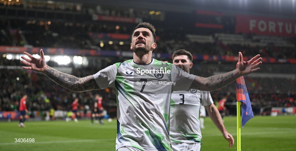 26 March 2026; Troy Parrott of Republic of Ireland celebrates after scoring his side's opening goal, from a penalty, during the FIFA World Cup 2026 European Qualifiers play-off semi-final match between Czechia and Republic of Ireland at Fortuna Arena in Prague, Czechia. Photo by Stephen McCarthy/Sportsfile