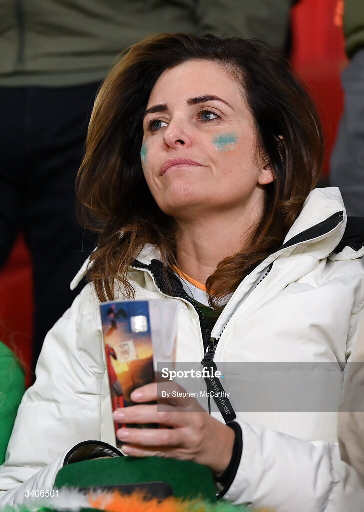 26 March 2026; Republic of Ireland supporter Jennifer Parrott, mother of of player Troy Parrott, before the FIFA World Cup 2026 European Qualifiers play-off semi-final match between Czechia and Republic of Ireland at Fortuna Arena in Prague, Czechia. Photo by Stephen McCarthy/Sportsfile
