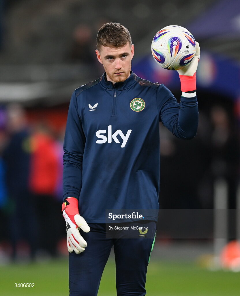 26 March 2026; Republic of Ireland goalkeeper Mark Travers before the FIFA World Cup 2026 European Qualifiers play-off semi-final match between Czechia and Republic of Ireland at Fortuna Arena in Prague, Czechia. Photo by Stephen McCarthy/Sportsfile