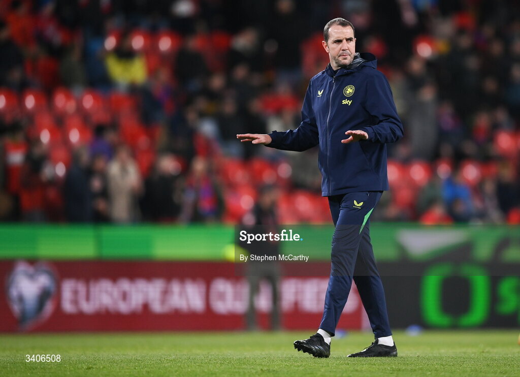 26 March 2026; Republic of Ireland assistant head coach John O'Shea before the FIFA World Cup 2026 European Qualifiers play-off semi-final match between Czechia and Republic of Ireland at Fortuna Arena in Prague, Czechia. Photo by Stephen McCarthy/Sportsfile