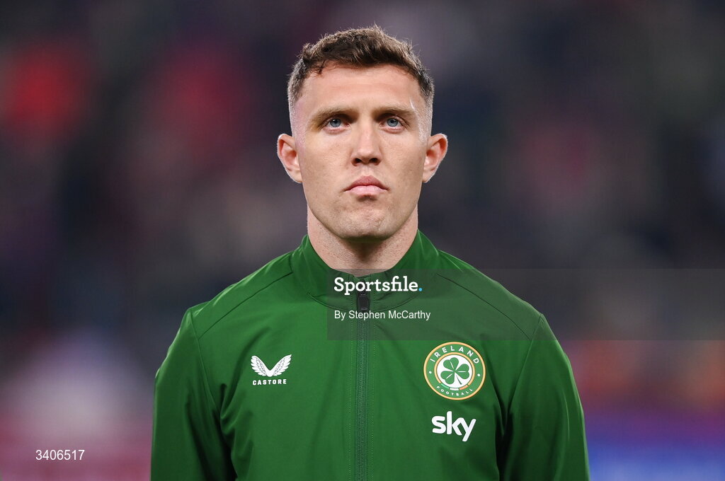 26 March 2026; Dara O'Shea of Republic of Ireland before the FIFA World Cup 2026 European Qualifiers play-off semi-final match between Czechia and Republic of Ireland at Fortuna Arena in Prague, Czechia. Photo by Stephen McCarthy/Sportsfile