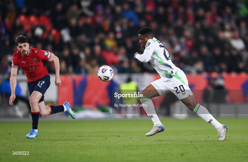 26 March 2026; Chiedozie Ogbene of Republic of Ireland during the FIFA World Cup 2026 European Qualifiers play-off semi-final match between Czechia and Republic of Ireland at Fortuna Arena in Prague, Czechia. Photo by Stephen McCarthy/Sportsfile