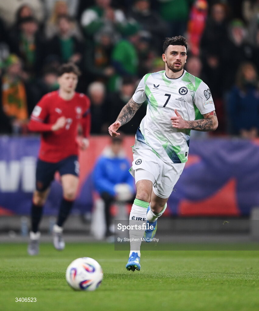 26 March 2026; Troy Parrott of Republic of Ireland during the FIFA World Cup 2026 European Qualifiers play-off semi-final match between Czechia and Republic of Ireland at Fortuna Arena in Prague, Czechia. Photo by Stephen McCarthy/Sportsfile
