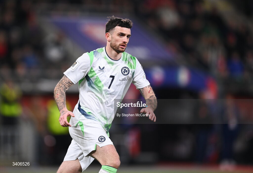 26 March 2026; Troy Parrott of Republic of Ireland during the FIFA World Cup 2026 European Qualifiers play-off semi-final match between Czechia and Republic of Ireland at Fortuna Arena in Prague, Czechia. Photo by Stephen McCarthy/Sportsfile