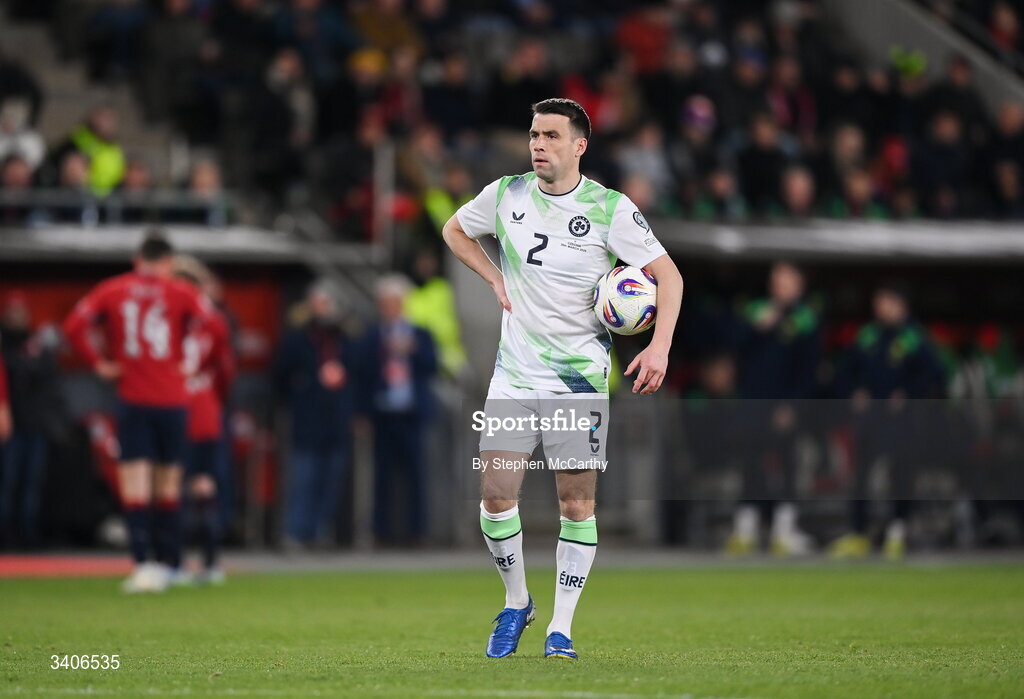 26 March 2026; Republic of Ireland's Seamus Coleman protects the ball before team-mate Troy Parrott went to take a penalty during the first half of the FIFA World Cup 2026 European Qualifiers play-off semi-final match between Czechia and Republic of Ireland at Fortuna Arena in Prague, Czechia. Photo by Stephen McCarthy/Sportsfile