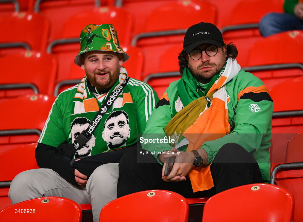26 March 2026; Republic of Ireland supporters following their penalty shootout defeat in the FIFA World Cup 2026 European Qualifiers play-off semi-final match between Czechia and Republic of Ireland at Fortuna Arena in Prague, Czechia. Photo by Stephen McCarthy/Sportsfile