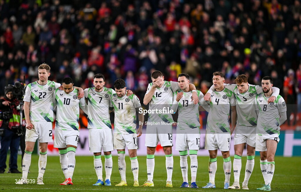 26 March 2026; Republic of Ireland players react during the penalty shootout following the FIFA World Cup 2026 European Qualifiers play-off semi-final match between Czechia and Republic of Ireland at Fortuna Arena in Prague, Czechia. Photo by Stephen McCarthy/Sportsfile
