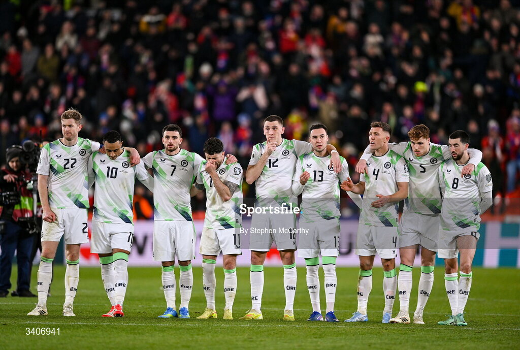 26 March 2026; Republic of Ireland players react during the penalty shootout following the FIFA World Cup 2026 European Qualifiers play-off semi-final match between Czechia and Republic of Ireland at Fortuna Arena in Prague, Czechia. Photo by Stephen McCarthy/Sportsfile